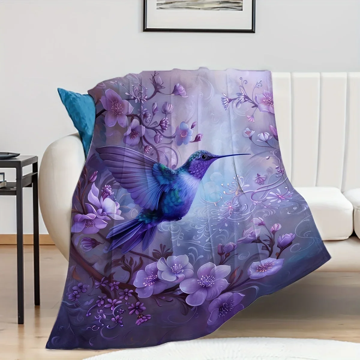 Luxurious Purple Hummingbird & Floral Throw Blanket - Soft Flannel, Reversible, All-Season Comfort - Ideal for Home Decor & Chri