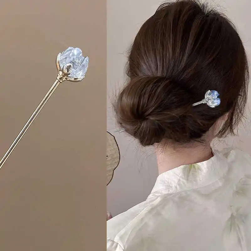 VANIKA New Simple Crystal Lotus Metal Hair Stick Elegant Ladies Ponytail Hairpin One Clip Fashion Headdress Hair Accessories - Image 2