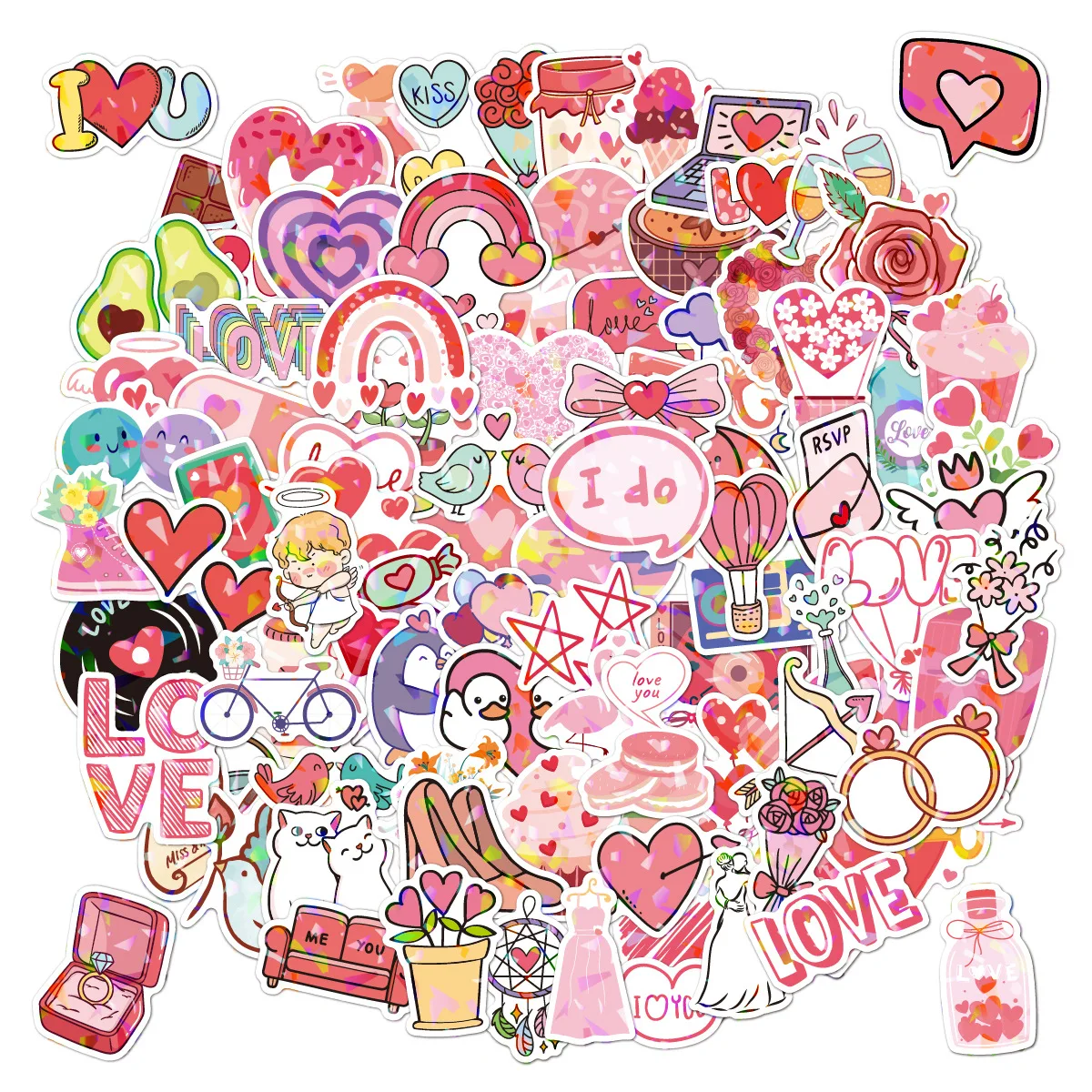 50pcs Shiny Love Stickers Pink Valentine\'s Day Sticker Laser Waterproof Stationery Scrapbook Label Diary Journal Gift Decoration