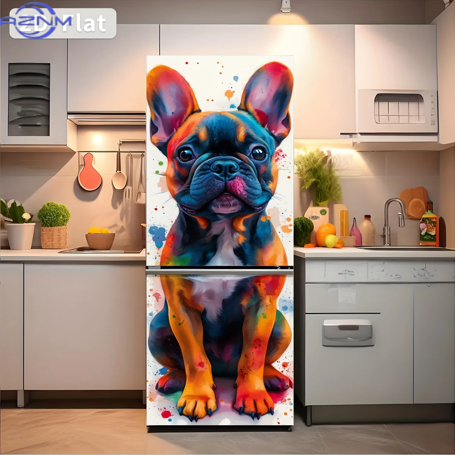2D flat colorful abstract dog theme refrigerator door decoration sticker, 179.83x30.0 cm Self-adhesive and removable, peel and