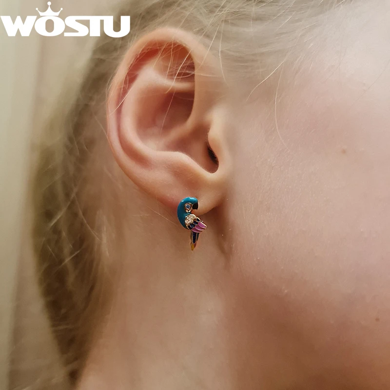 WOSTU 925 Sterling Silver Rainbow Parrot Hoop Earrings For Women Cute Pet Bird CZ Ear Clips Girl Bithday Jewelry Family Gift