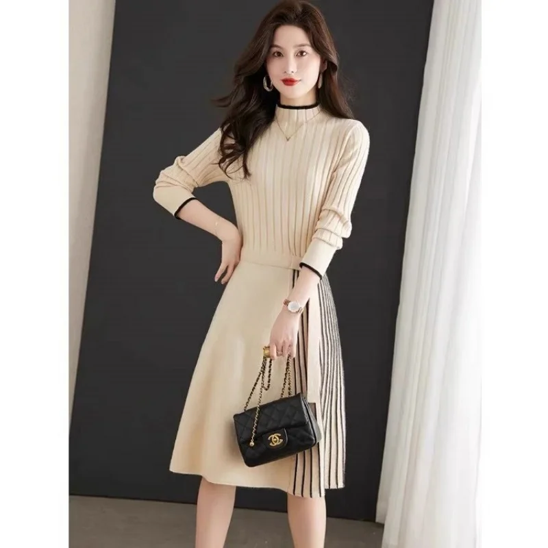 الخريف والشتاء فضفاض مطوي فستان من الصوف المحبوك التخسيس قاعدة فستان من الصوف أنيقة البلوز قميص w676 #3