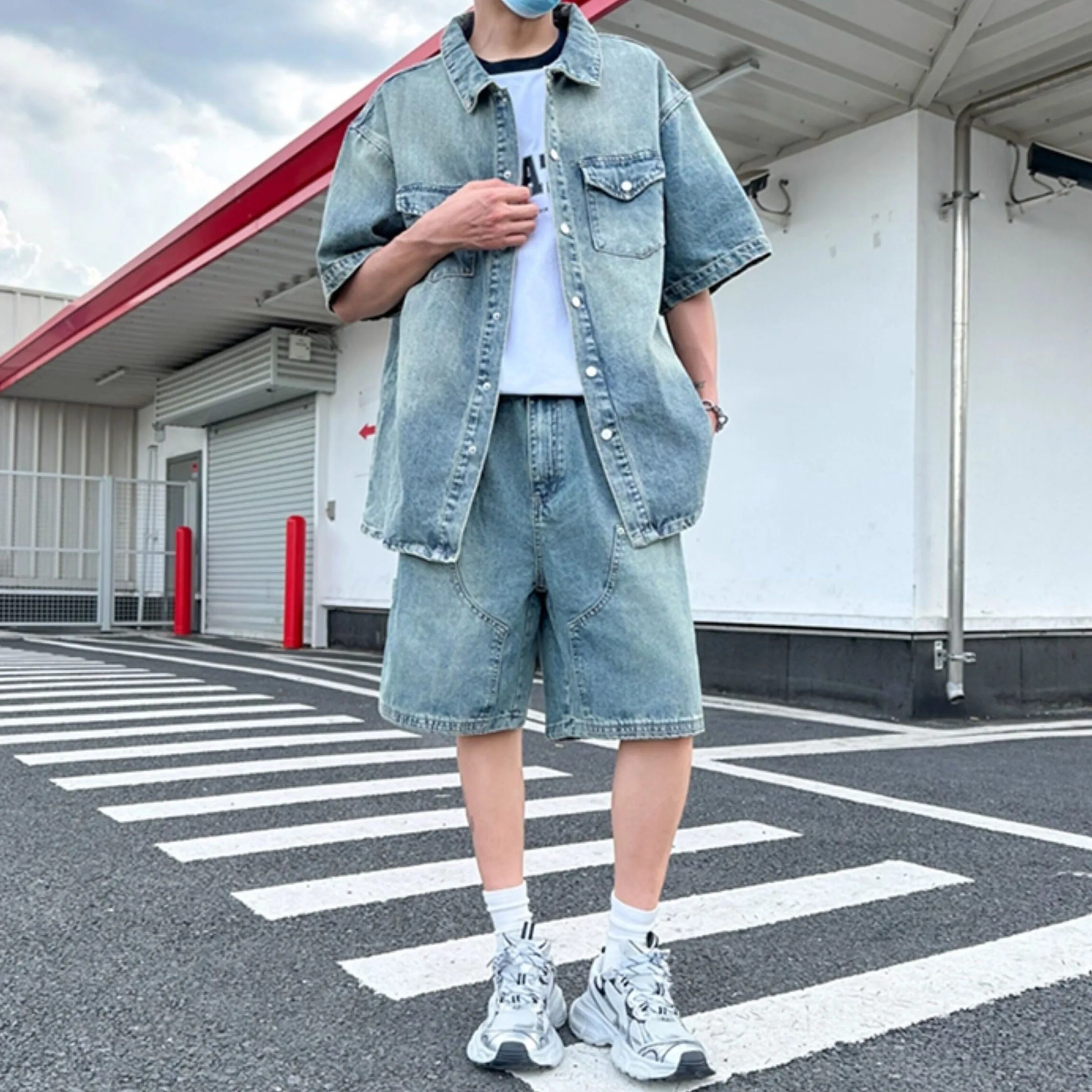 Summer Men's Blue Denim Set American Casual Fashion Safari Style Lapel Short Sleeved Shirt Splicing Shorts 2 Pieces Sets - view 3