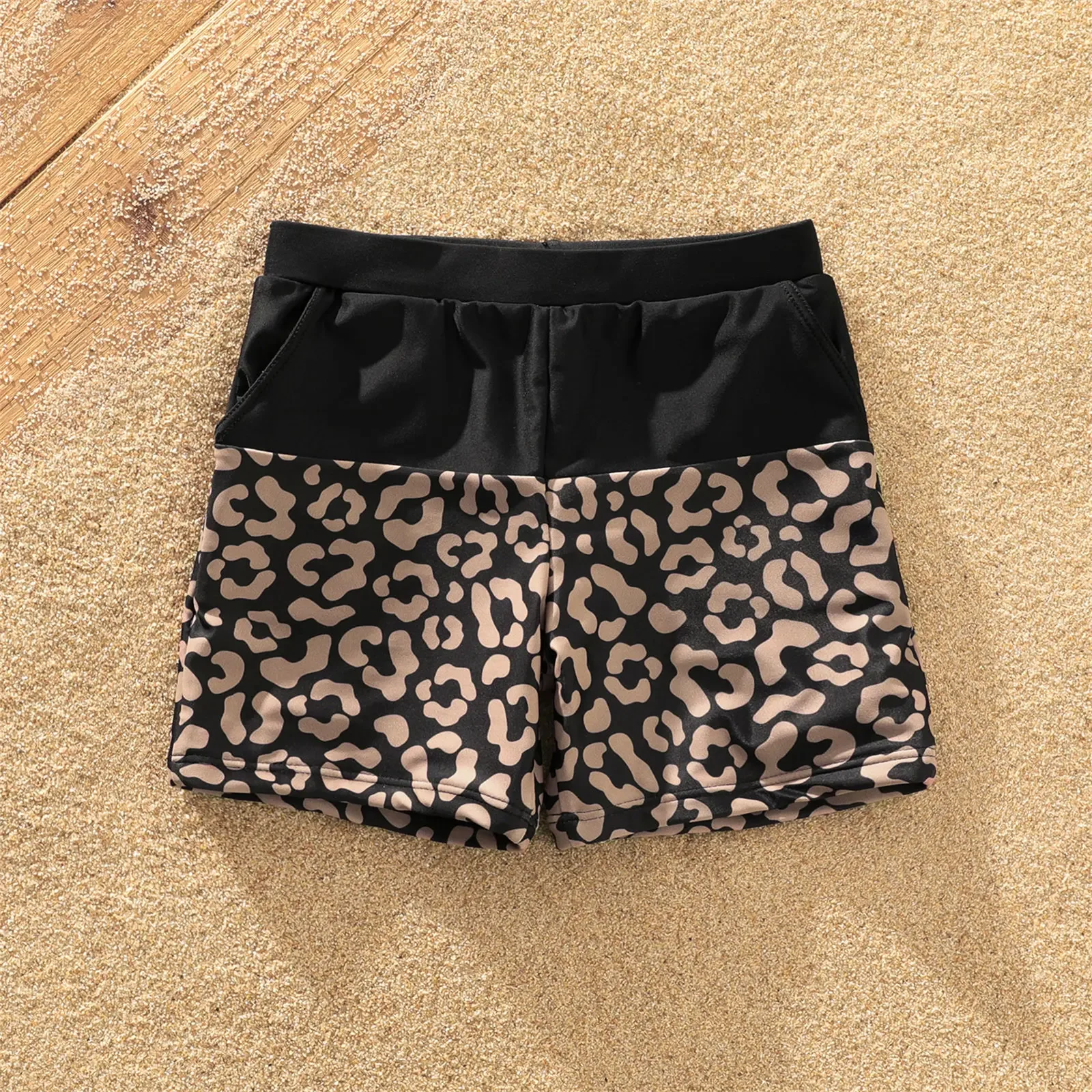 PatPat Family Matching Leopard Splice Black Swim Trunks Shorts and One Shoulder Self Tie One-Piece Swimsuit Perfect for Outings