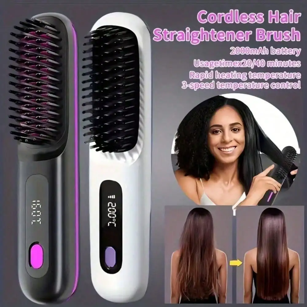 (Color Sent Randomly)Black / White Cordless Hair Straightener Brush, Rapid Heating In 60s, USB-C Charging, Lightweight & Anti-Scald, 3 Temp Settings For All Hair Types, Fast Heating & Type-C Port, Lightweight Straightener Brush For Women