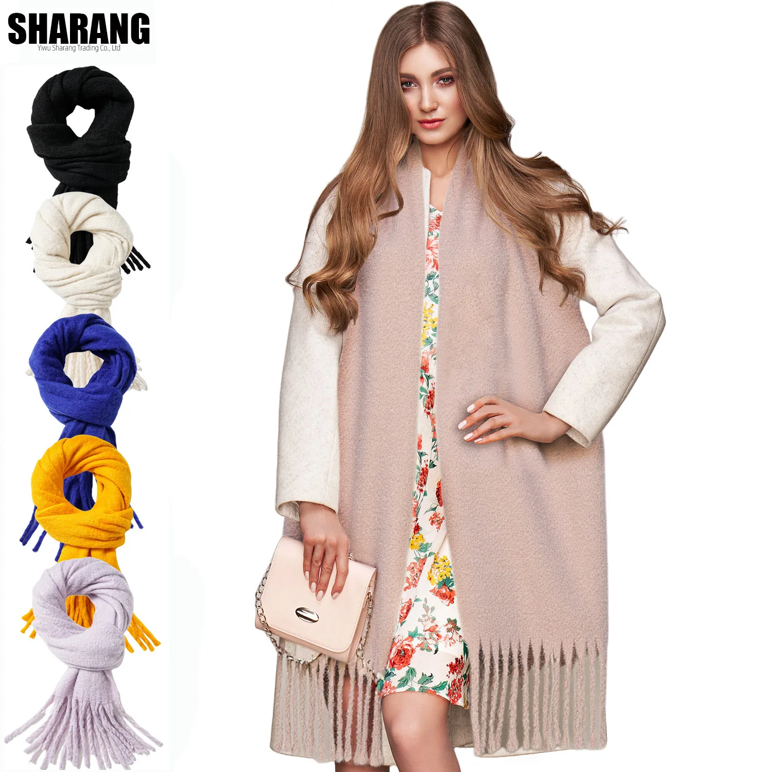 

Новый стиль, осенне-зимний теплый однотонный женский утолщенный мягкий шарф с ангорской бахромой, стиль с запахом на плечах