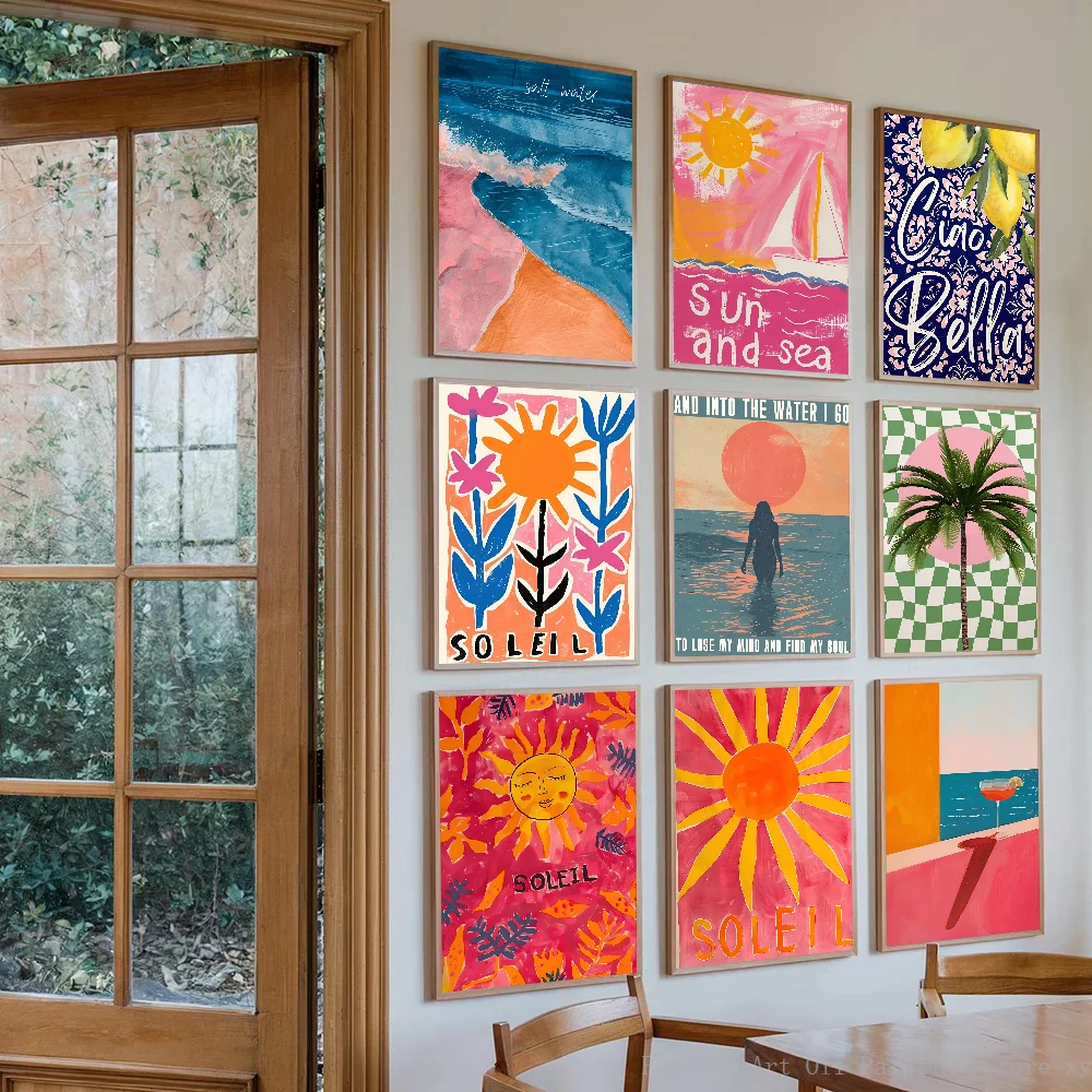 Abstract Colourful Sun Ocean Palm Tree Landscape Cactus Poster Printing Home Porch Bar Restaurant Cafe Art Decoration Painting