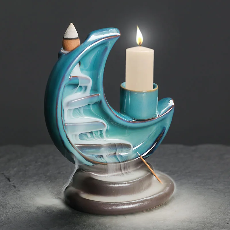 1pc 3 in1 Ceramic Moon Waterfall Incense Burner with Backflow Feature Candle Holder & Incense Stick Burner (Without Incense）