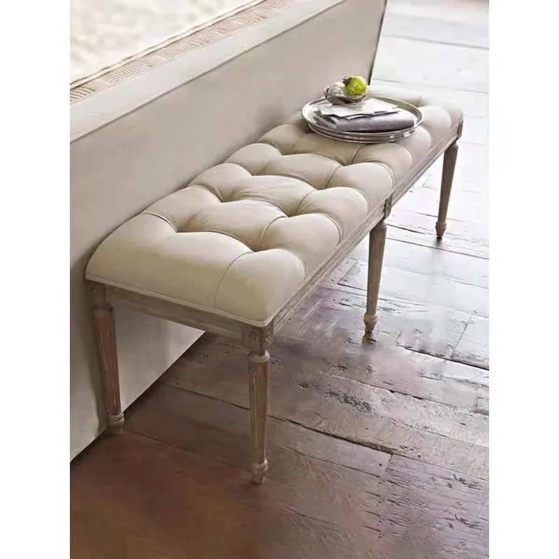 bedside stool, American retro shoe changing stool, model house solid wood fabric bedside stool, household dining table bench
