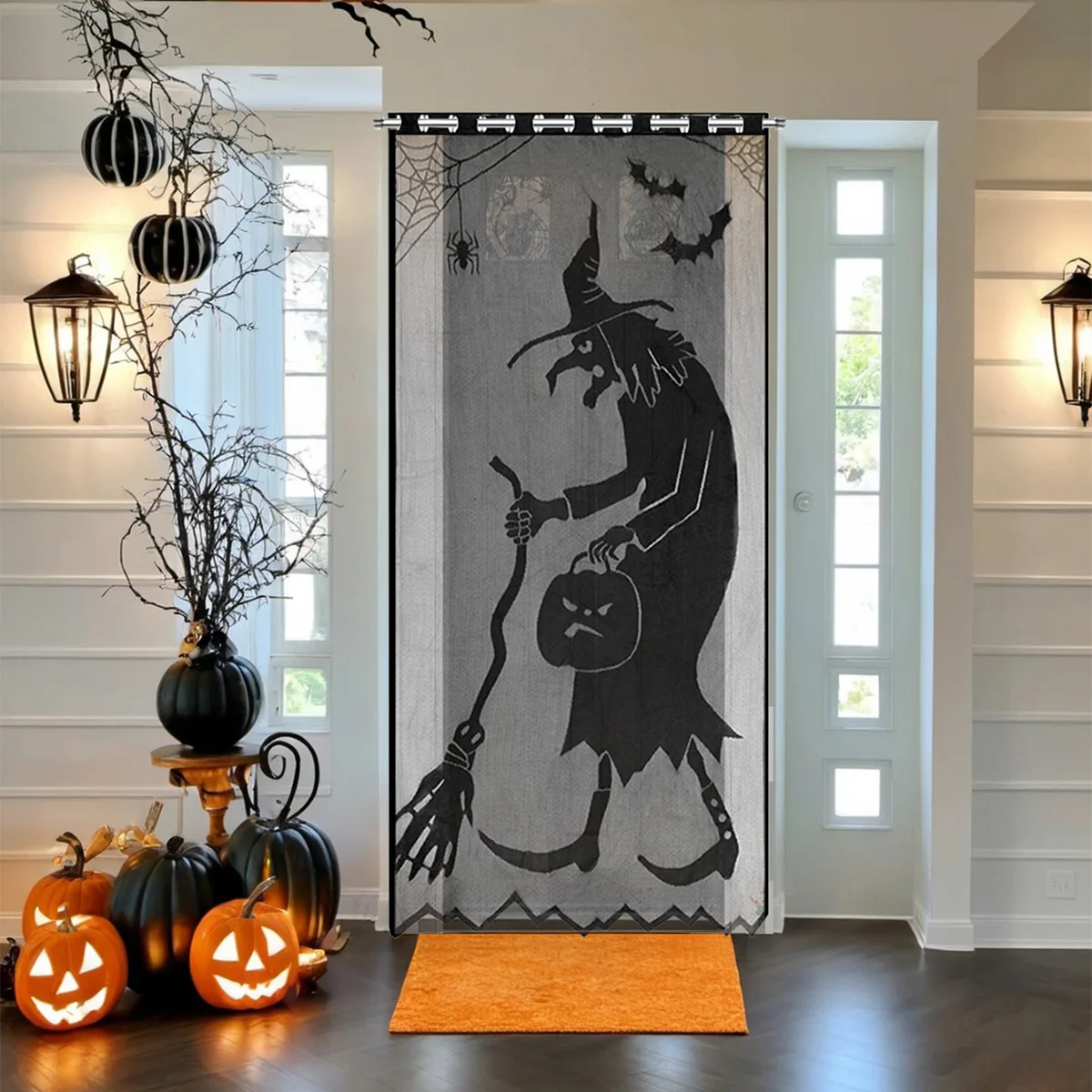 Halloween Black Lace Skull Witch Window Curtain Spooky Spider Web Print Door Drapes Home Indoor Office Party Decor Supplies - view 3