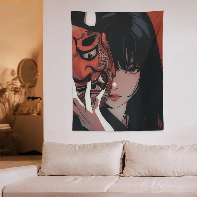 VIKAMA Anime Girl Oni Demon Mask Tapestry Dark Japanese Gothic Manga Poster Wall Hanging Bedroom Dorm Otaku Wall Decor
