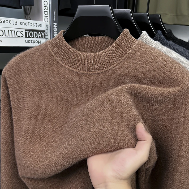 

Мужской однотонный вязаный свитер с круглым вырезом на осень и зиму, утепленный теплый и повседневный вязаный базовый свитер