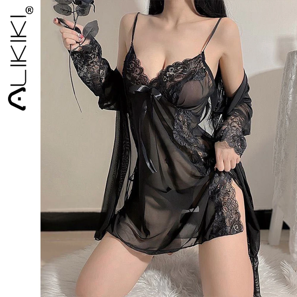 

Женские сексуальные кружевные ночные костюмы, прозрачные кружевные ночные рубашки с цветочным принтом, ночные рубашки с халатом, прозрачные эротические комплекты ночных рубашек для порно