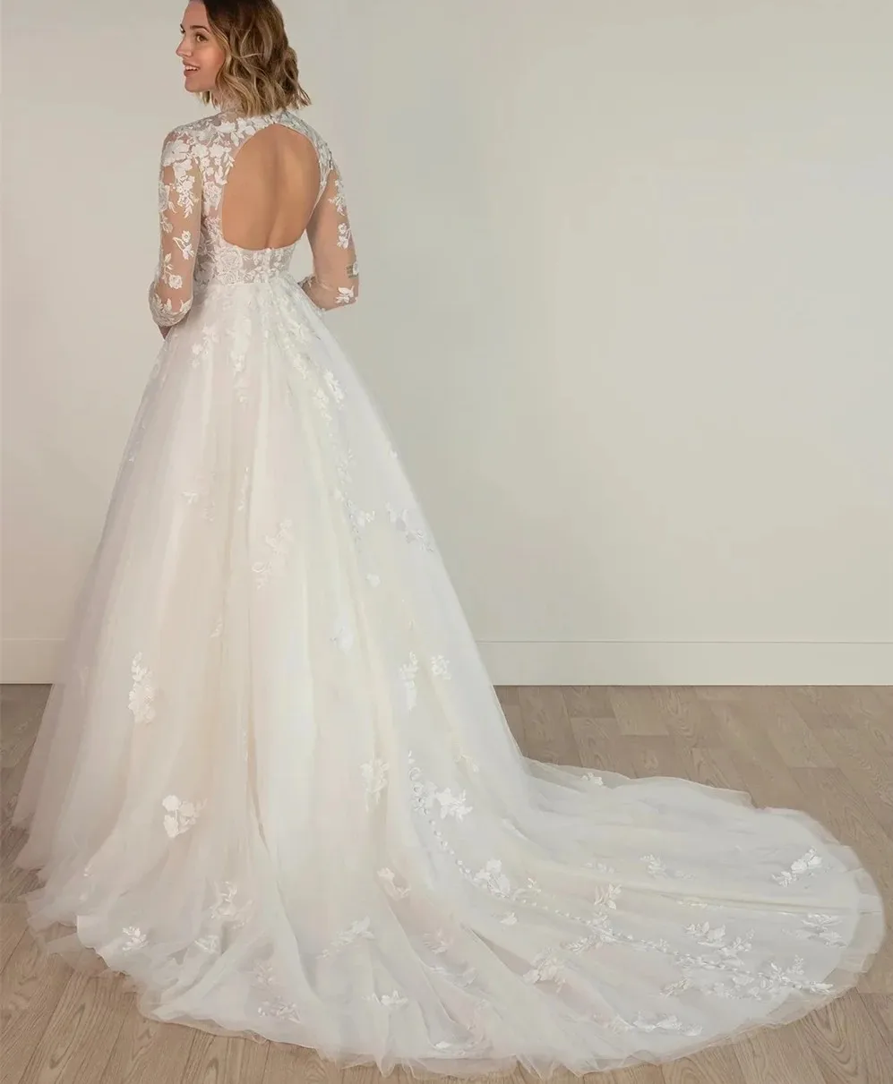 エレガントな A ラインレースのウェディングドレス 2026 ハイネックレースフラワーアップリケチュールバックレス花嫁ブライダルドレス Vestidos De Noiva