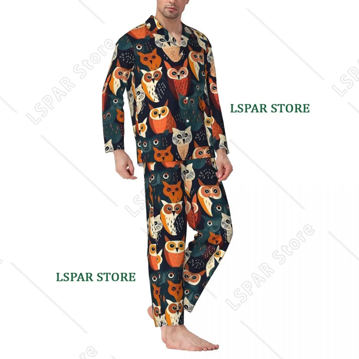 Artsy Bold Owl Pajamas Male Animal Print Warm Leisure Sleepwear Spring Two Piece Retro Oversized Graphic Pajama Sets