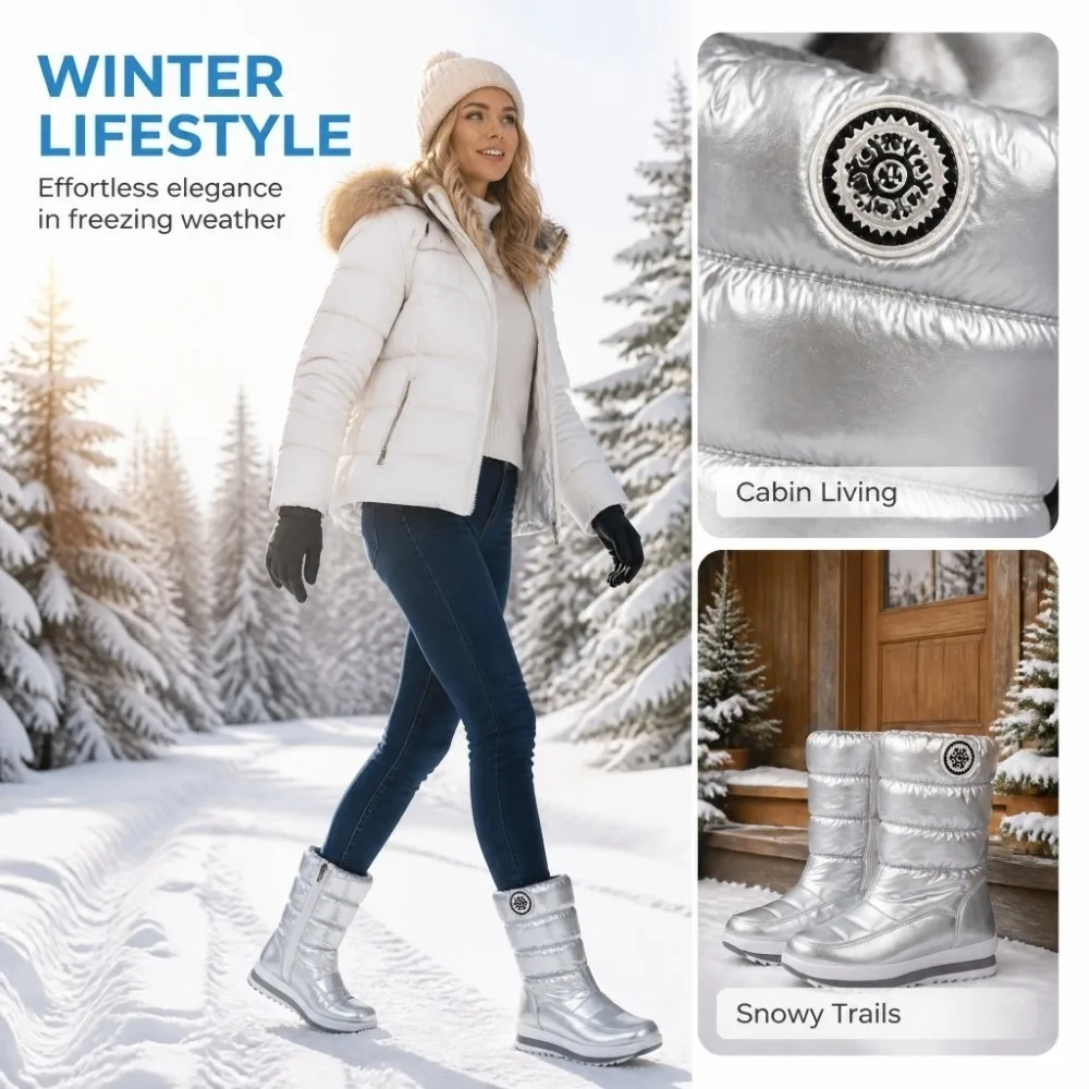 Botas Mujer Glossy Snow Boots Patent Leather Windproof Platform Boots Antislip Waterproof Mid-Calf Snow Boots Ladies