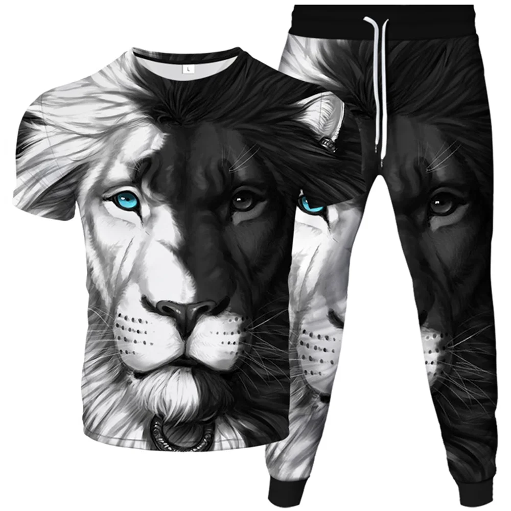 Men's Tracksuit Oversized T-Shirt+Sweatpants Ferocious Lion 3D Printing Homme Sets  Male Short Sleeve Trousers Vintage Clothing