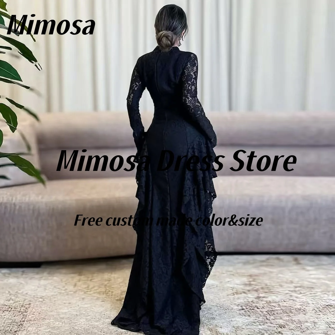 Mimosa preto vestidos de noite 2025 mulheres sauditas usam decote em v mangas compridas vestido de baile com zíper voltar vestidos de festa formais personalizados
