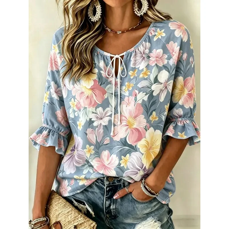 Women's Spring Summer 3D Printed Tie V Neck Blouse, Light Cream Pale Peony Hazy Soft Lazy Daily Blouse