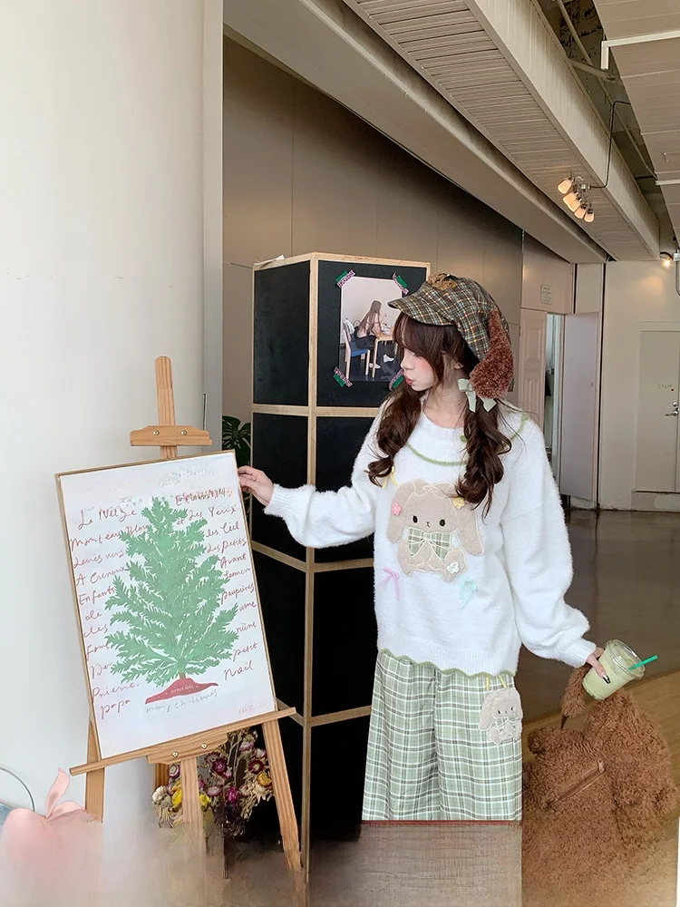 

Осенне-зимний комплект широких брюк в клетку, женский длинный свитер свека с милым медвежьим узором, модный ансамбль, декор с узлом