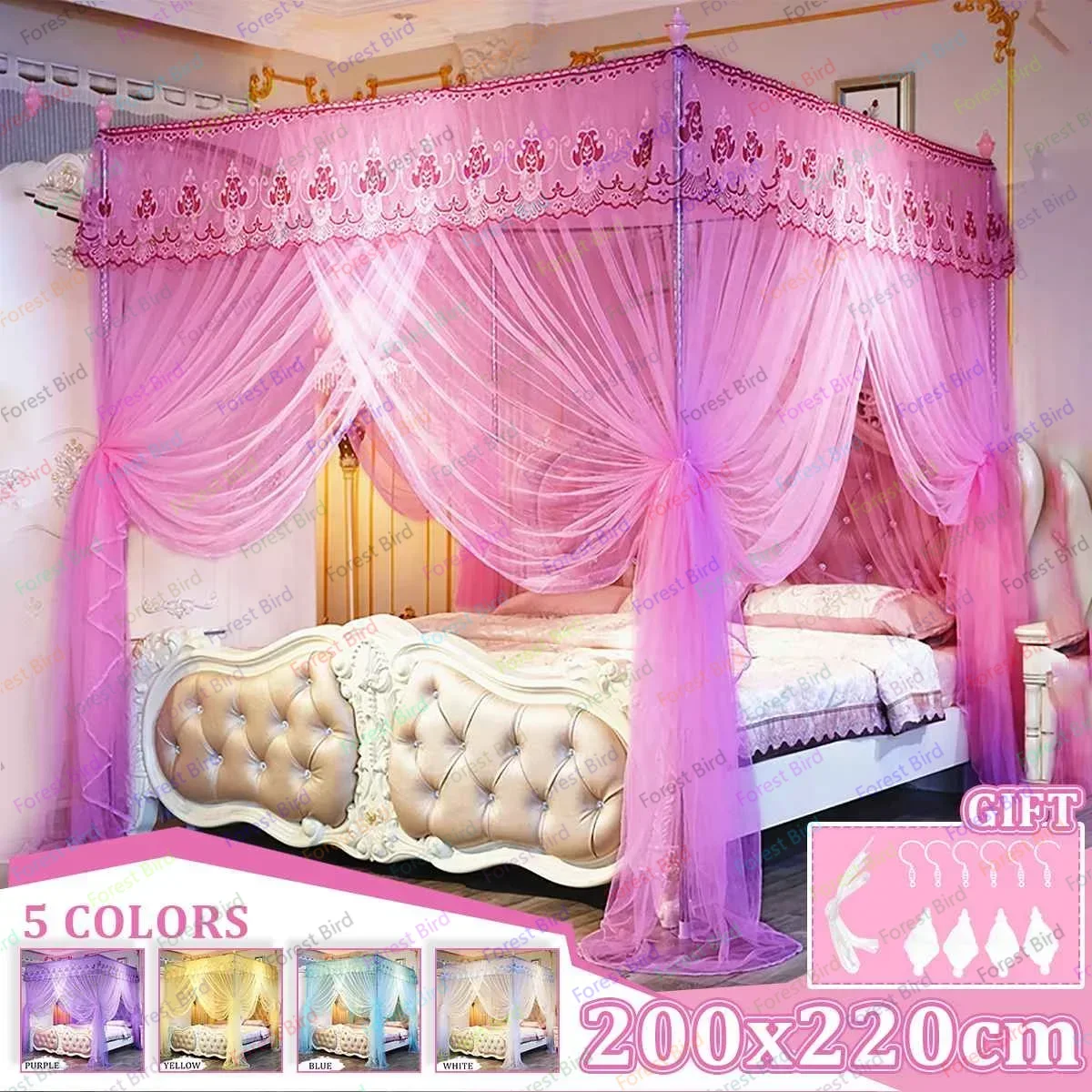 Cortinas de cama con dosel de princesa, mosquitera de lujo, ropa de cama sin soporte, 4 esquinas, 3 aberturas laterales