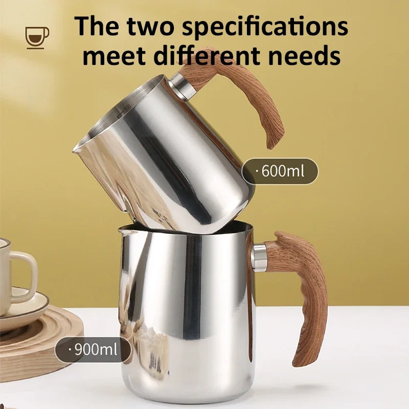 600/900ML Cangkir Kopi Latte Baja Tahan Karat Kendi Buih Susu Kopi dengan Pegangan Kayu Aksesori Kopi Kendi Seni Susu Barista