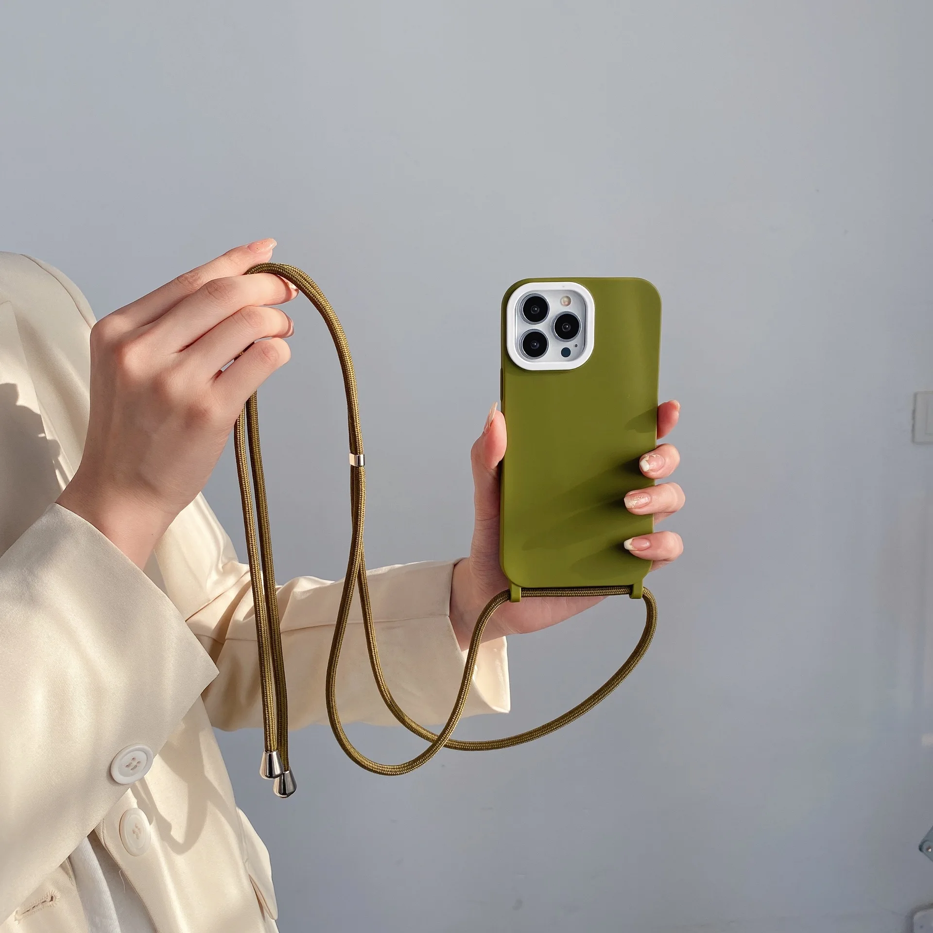 

Lanyard Lashing Army Green TPU Phone Case For Apple 12 13 14 Anti-fall iPhone 11 Adjustable Crossbody Necklace Back Cover