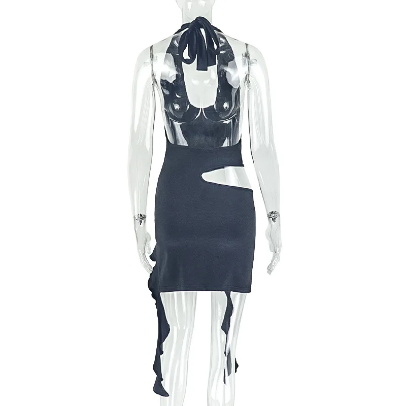 Vestido elegante con volantes recortados para mujer, minivestido asimétrico Hipster con cuello Halter y espalda descubierta para fiesta y discoteca, verano 2025