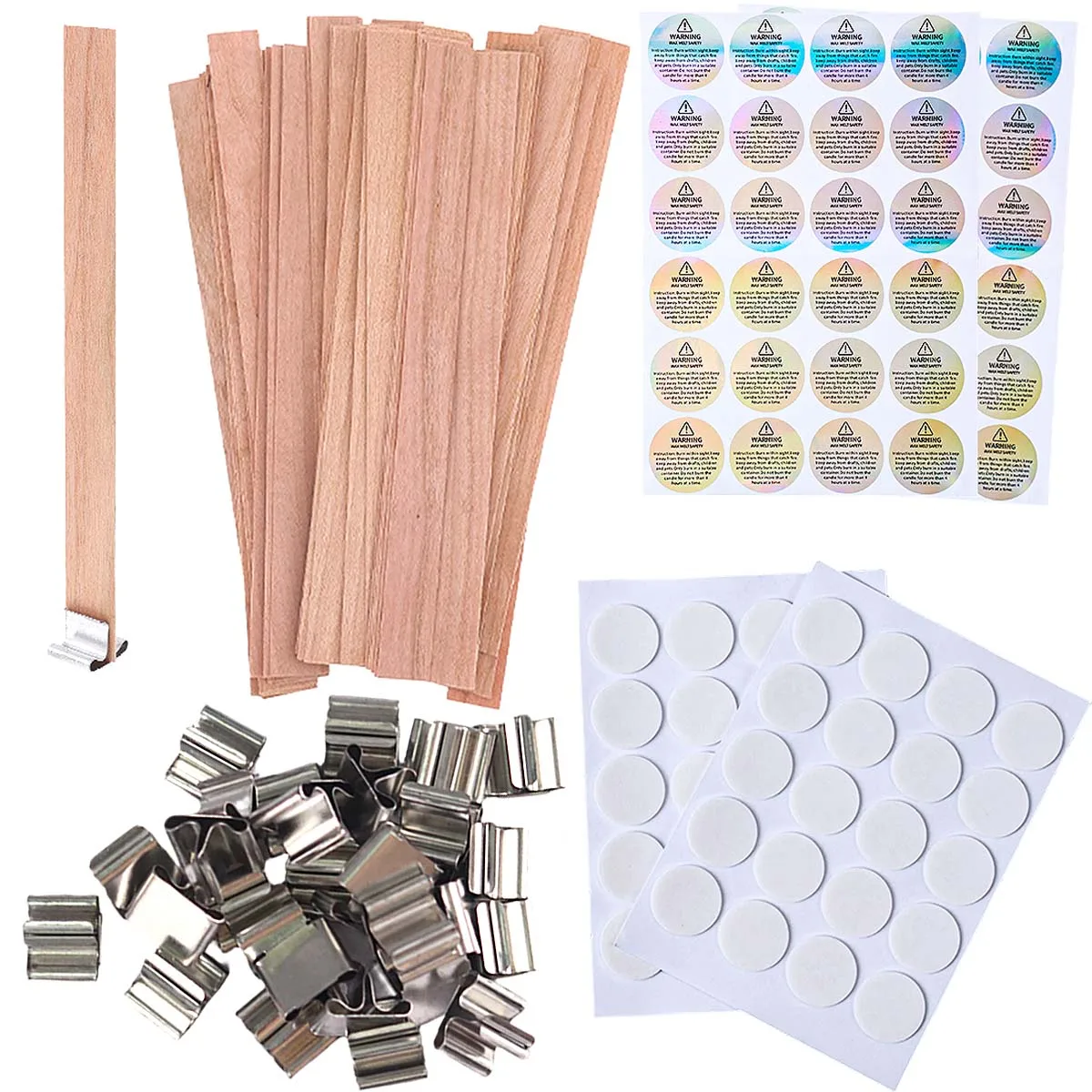 30-teiliges Holzdocht-Set mit Clip-Halterung, Kerzenklebepunkten und Warnetiketten für DIY-Wachskerzen und Gläserherstellung