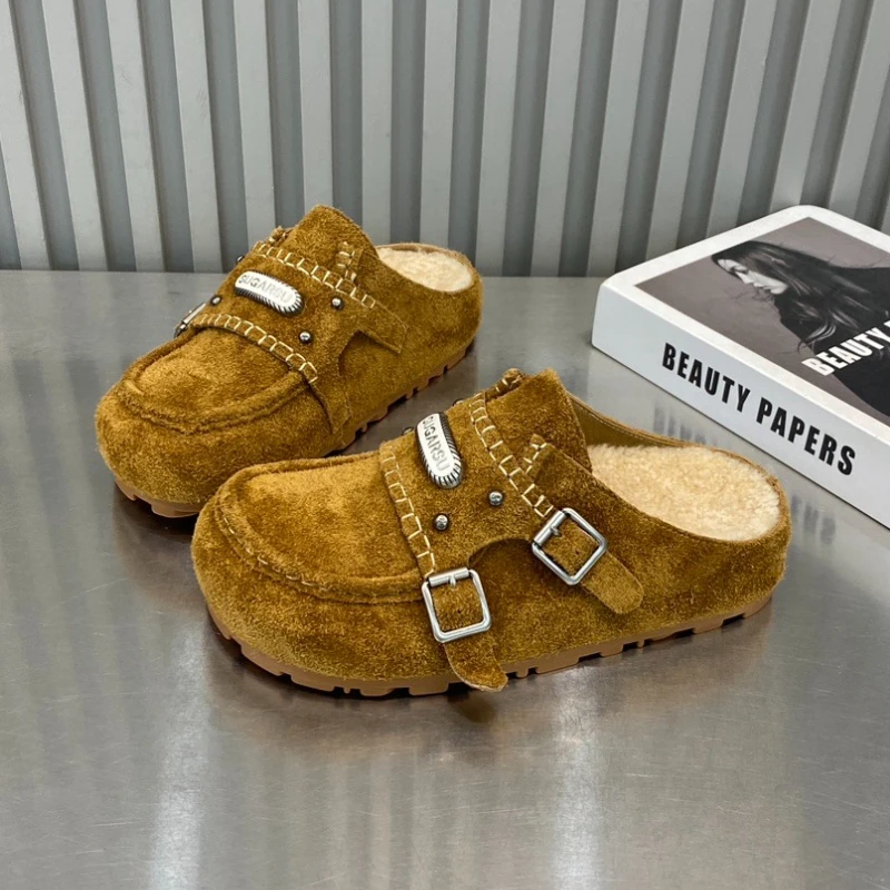 

Women Fur Slippers Suede Mules Shoes Platform Short Plush Shoes Warm New Winter 2025 Slingback Flip Flops Home Cotton Slides
