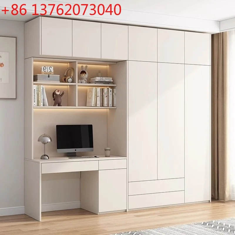 Solid wood wardrobe with desk two-in-one bookcase combination small apartment