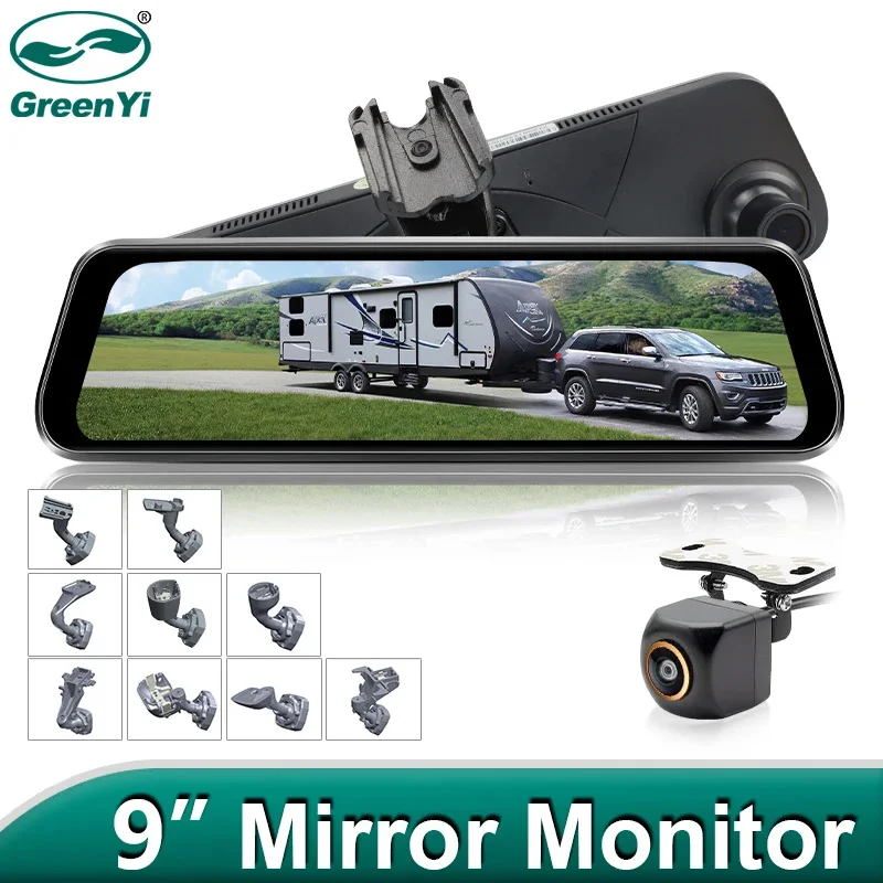 GreenYi Full HD 9 Inch Recorder Car Parking DVR Mirror Monitor 2.5K Pixel 1080P Rear View Camera Automobile Dash Cam Dual Lens