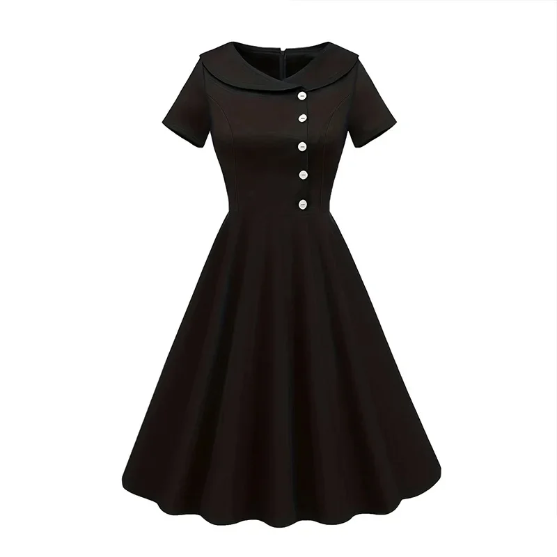 

2024 New Hepburn Vintage Peter-Pan Collar Buttons Black Solid Dress 50s Pinup Women Short Sleeve Summer Rockabilly Swing Dresses