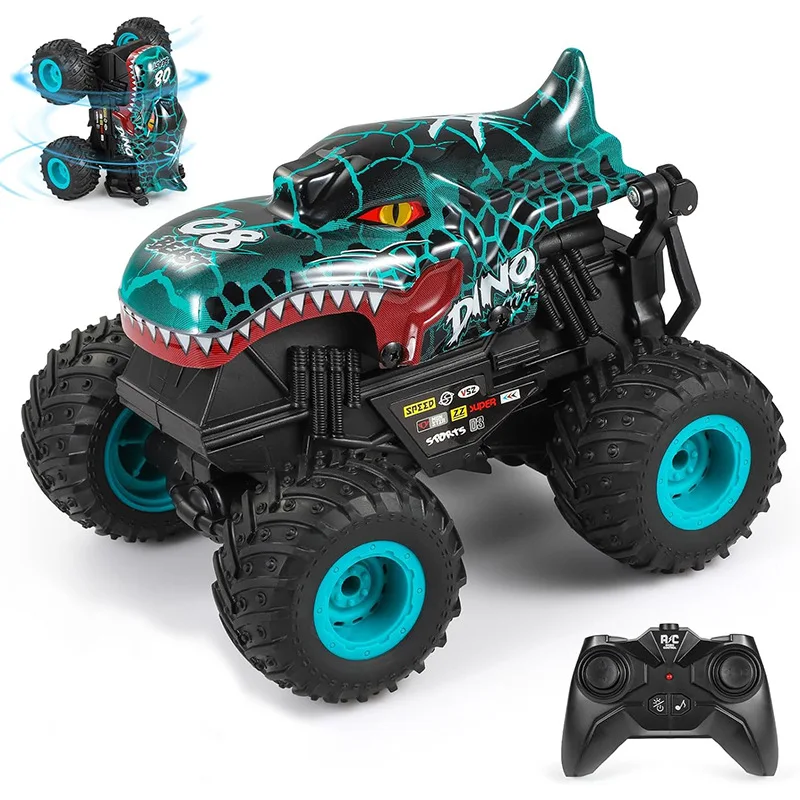 Dinosaur Shark Monster Head Remote Control Car, 360° Rotating 4WD Stunt RC Cars with Music Lights, Rechargeable Toys-Kids Gifts
