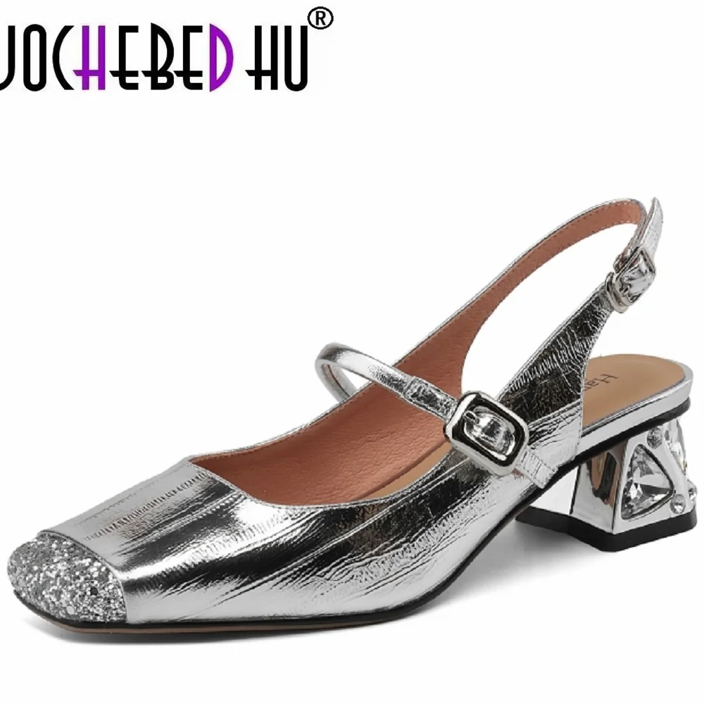 

【JOCHEBED HU】Fashion Elegant Genuine Leather Sandals New External Wear Square Head Thick Heeled Hollow Back Shallow Mouth 34-42