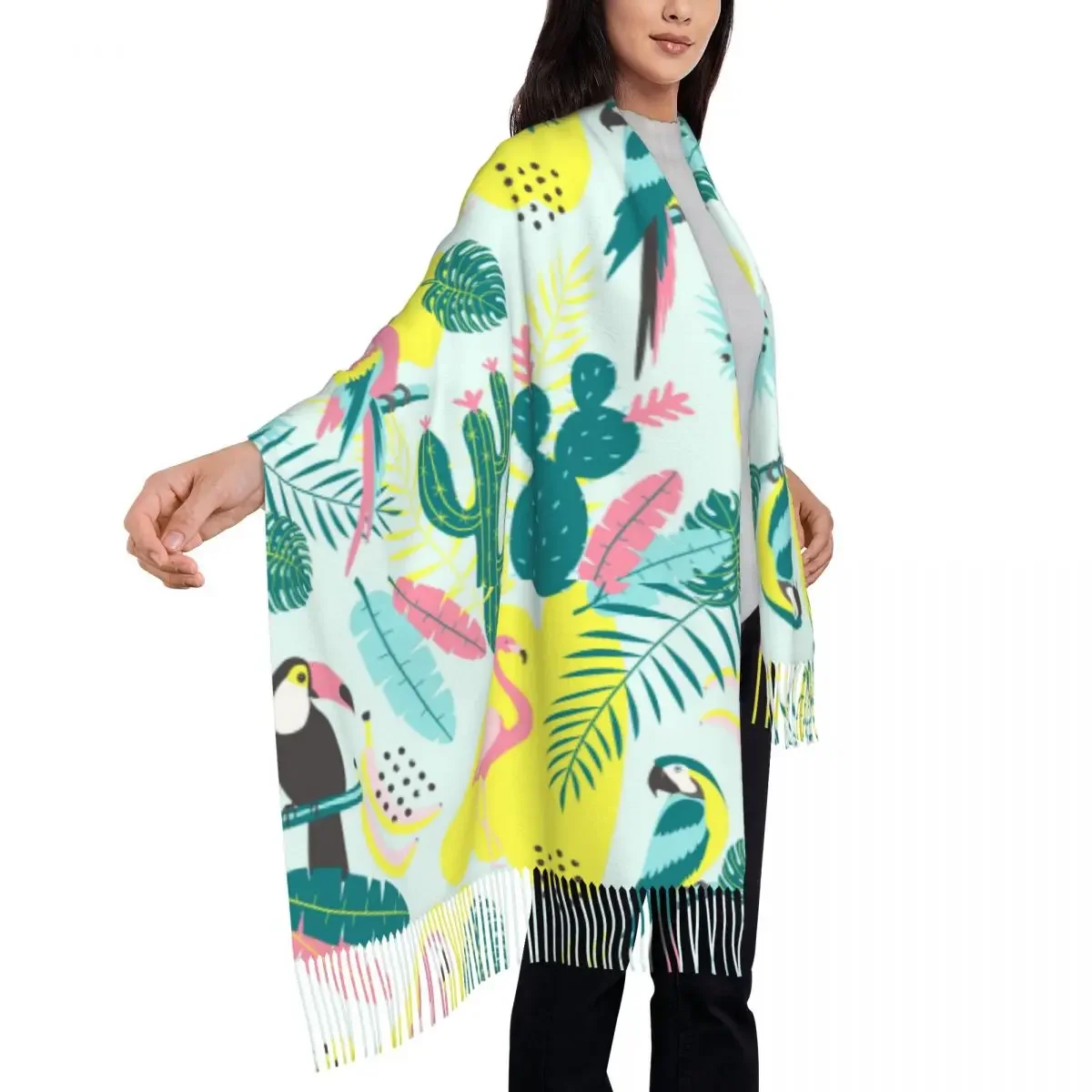 Tropical Toucan Flamingos Parrot Cactuses And Exotic Leaves Womens Warm Winter Infinity Scarves Set Blanket Scarf Pure Color