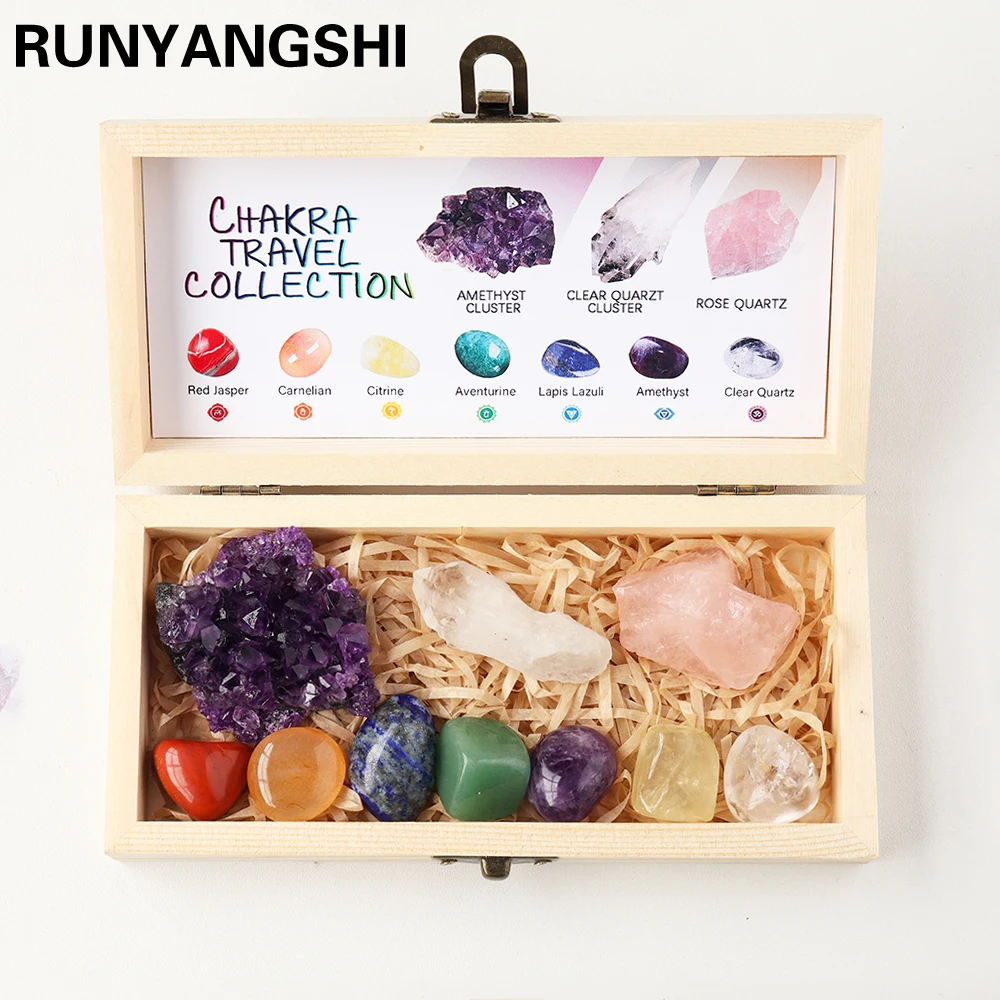 Natural Healing Crystal Set Amethyst Cluster Carnelian Rose Quartz Rough Stone Wooden Box Set For Witchcraft Supplies Home Decor