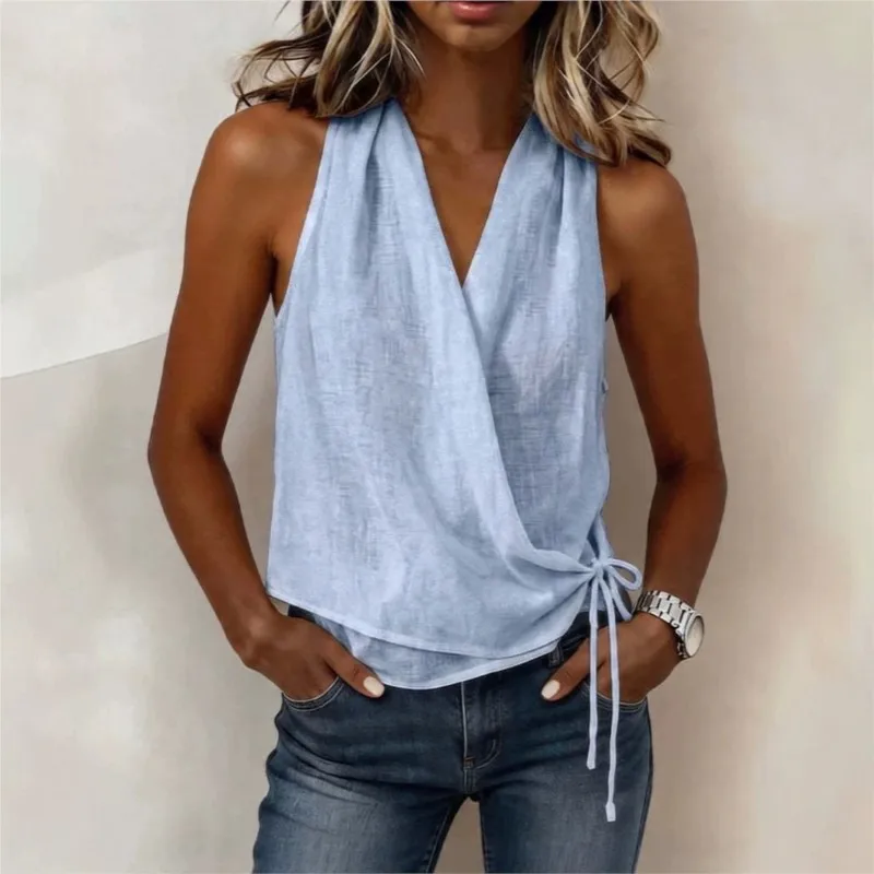 Damen Ärmellose Weste Bluse Lässiger V-Ausschnitt Schnürung Einfarbiges Hemd Tops 2026 Sommer Urlaub Schicke Damenbluse Streetwear Blusas