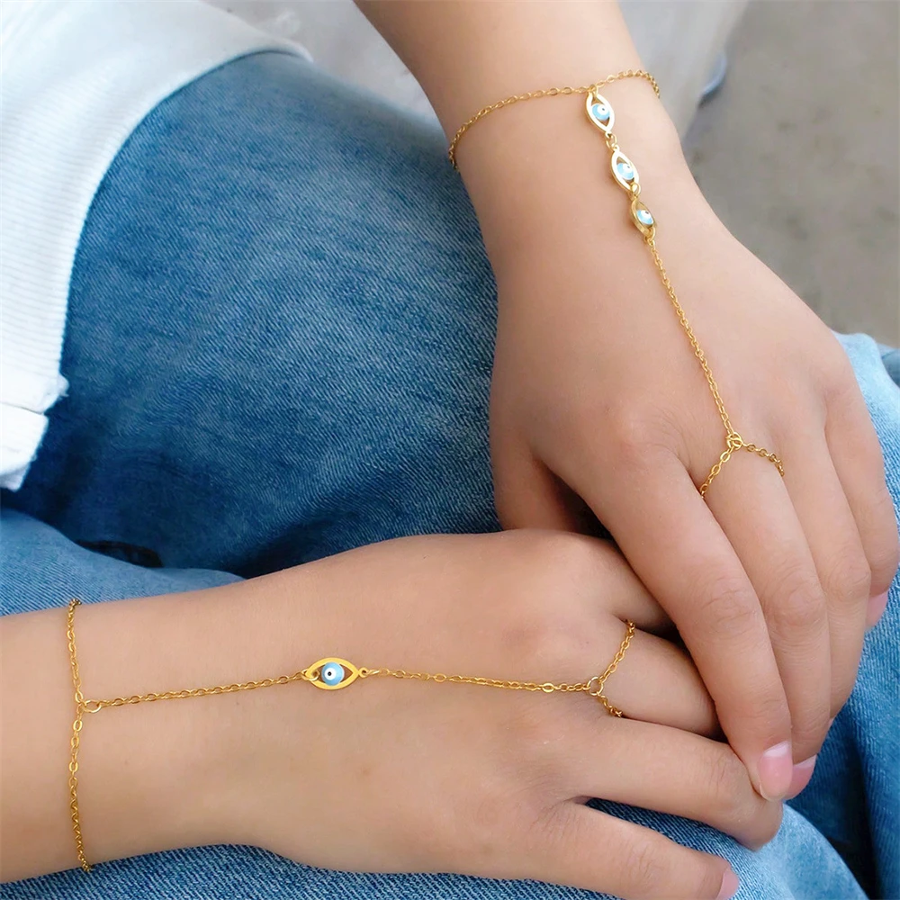 Vintage Lucky Turkish Evil Eye Bracelet Ring Stainless Steel Adjustable Chain Bracelets For Women Men Summer Jewelry