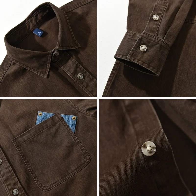 فضفاض البضائع 100% قميص قطني بكم طويل للرجال بسيط كلاسيكي اليومي قمصان ملابس رجالي بني أحمر 2025 ربيع جديد #5