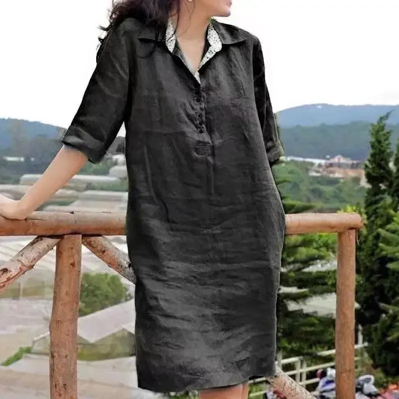 2025 Srping Cotton Linen Women Dresses Black Turn-down Collar Short Sleeve Loose Oversize Dresses Female Casual Ladies Clothes