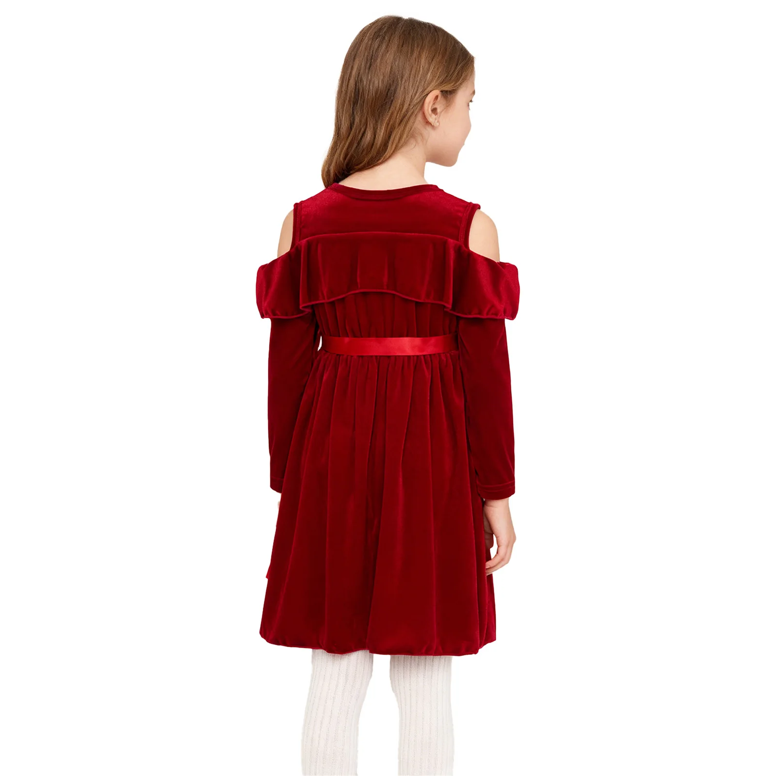 Kids Girls Velvet Dress Cold Shoulder Long Sleeves Elastic Waist Ruffles Dress with Ribbon Belt for Christmas Birthday Party
