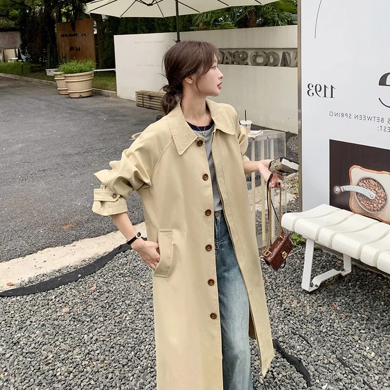 Khaki long trench coat for women loose and casual