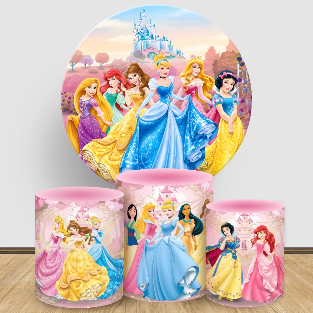 

Disney Princess Round Backdrop Cover Girls Birthday Cylindrical Cake Tablecloth Cover Circular Photograph Background Party Decor