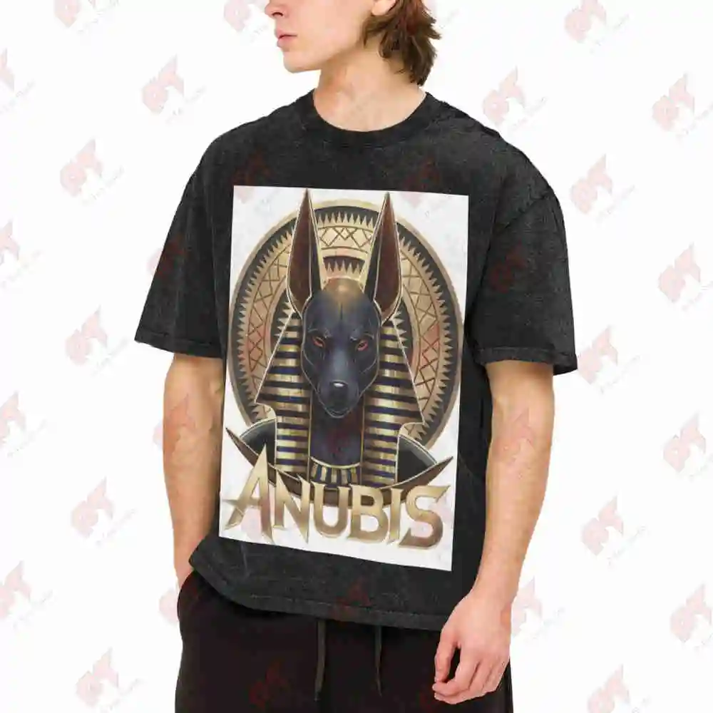 Egyptian Anubis Hieroglyphics Golden Vintage Washed Tee Pure Cotton T-Shirt