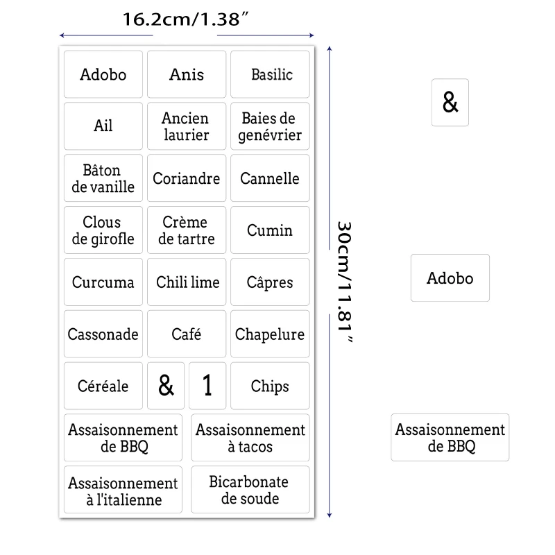 Etiquetas frascos especiarias francesas pré-impressas 104 letras brancas 104 letras pretas adesivos transparentes à