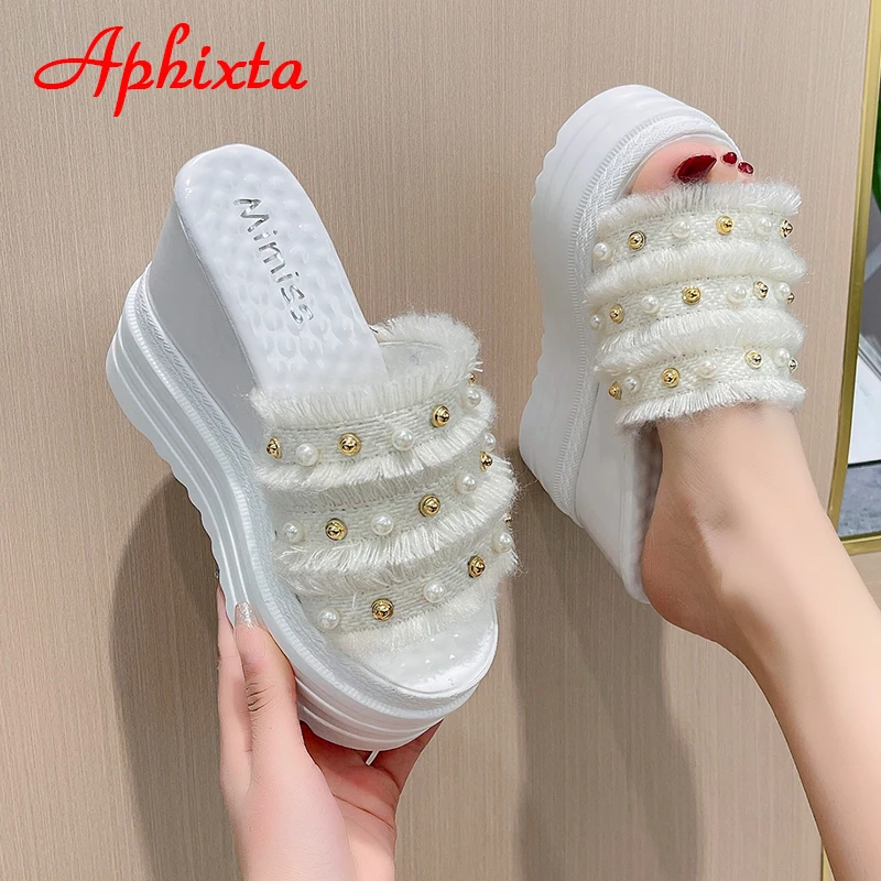 Aphixta Platform 12cm tacchi Super alti pantofole da donna altezza della perla che aumenta le diapositive scarpe con tacco a zeppa da donna sandali