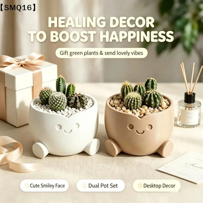 3D Printed Cute Smiling Figure Planter Pot Mini Indoor Flower Pot Desk Decor Home Office Gardening Gift【SMQ】