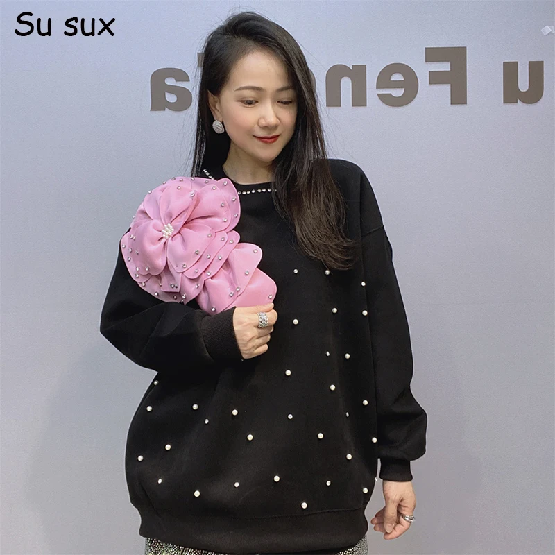 

3D Flowers Beading Pullovers Oversized Sweatershirt Tops Women Y2k Clothes 2024 New Casual Long Sleeve Top Vestidos Bust130cm