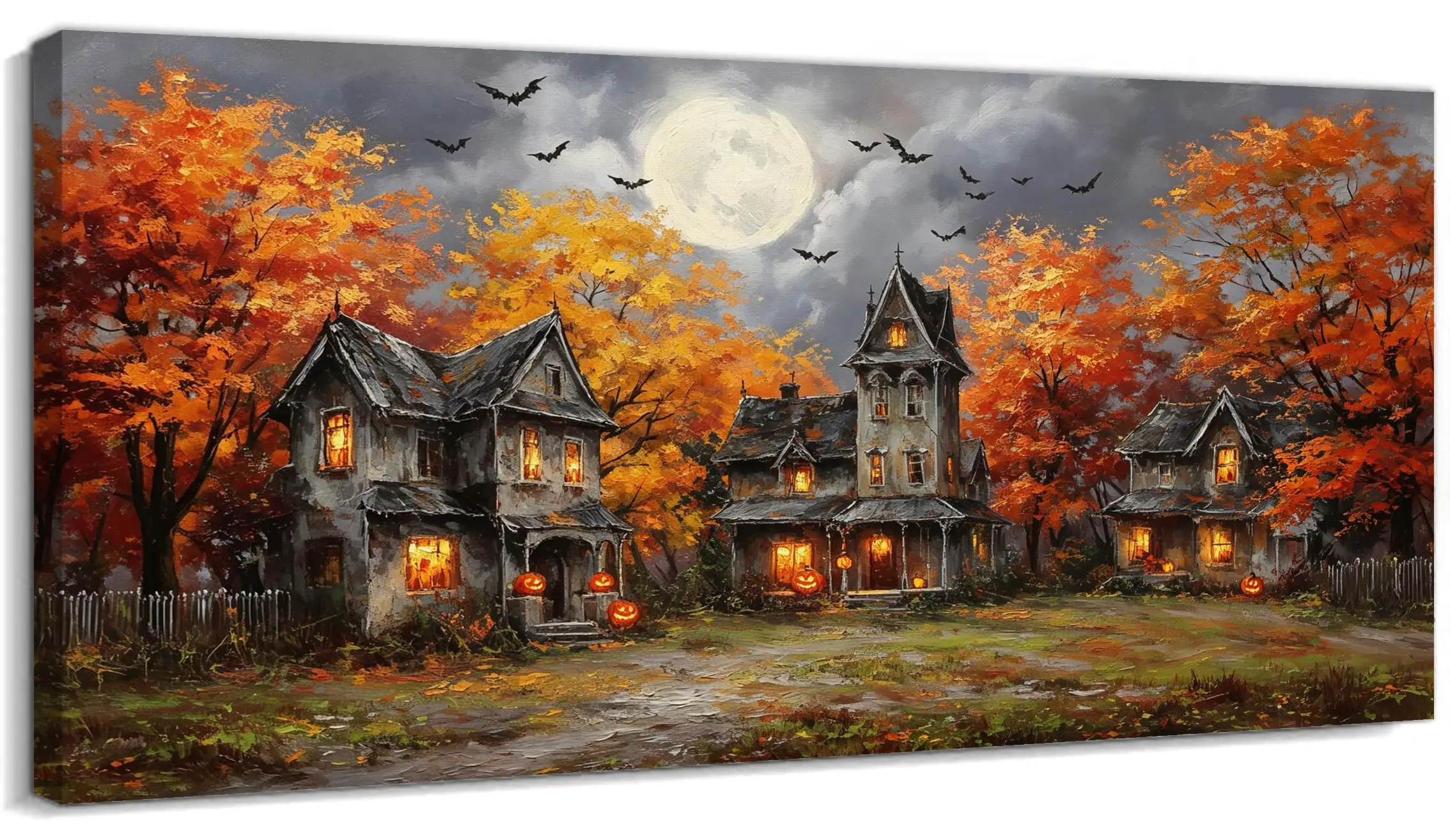 Fall Halloween Wall Art, Halloween Pictures Wall Decor Gothic Victorian Halloween Canvas Art with Autumn Orange Trees, Curated